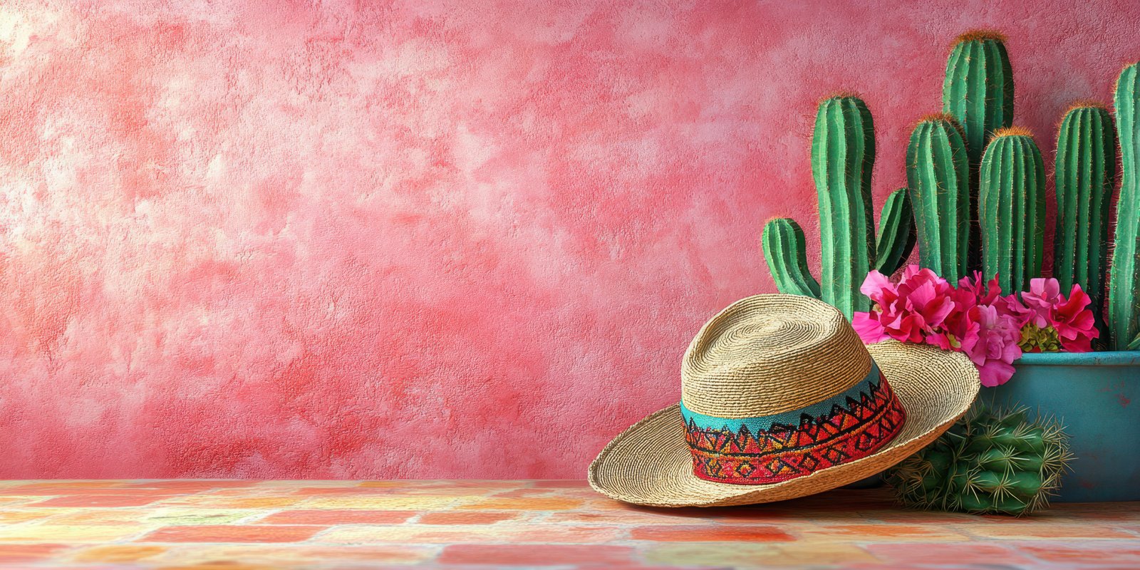 Colorful sombrero rests beside vibrant cacti and flowers against a pink wall